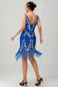 Royal Blue Paljett Gatsby Kort 1920-talsklänning med fransar
