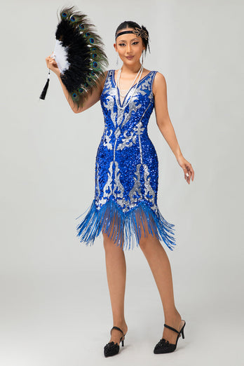 Royal Blue Paljett Gatsby Kort 1920-talsklänning med fransar