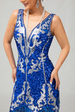 Royal Blue Paljett Gatsby Kort 1920-talsklänning med fransar