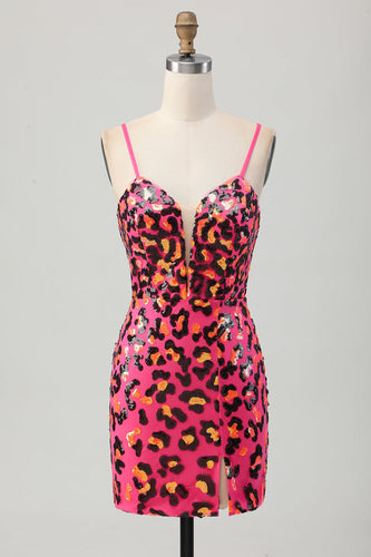 Fuchsia Bodycon Spaghetti Remmar Paljetter Homecoming Klänning med Slits
