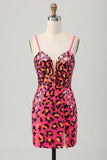 Fuchsia Bodycon Spaghetti Remmar Paljetter Homecoming Klänning med Slits