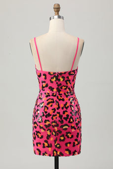 Fuchsia Bodycon Spaghetti Remmar Paljetter Homecoming Klänning med Slits