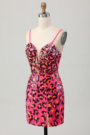Fuchsia Bodycon Spaghetti Remmar Paljetter Homecoming Klänning med Slits