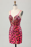 Fuchsia Bodycon Spaghetti Remmar Paljetter Homecoming Klänning med Slits