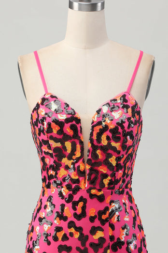 Fuchsia Bodycon Spaghetti Remmar Paljetter Homecoming Klänning med Slits