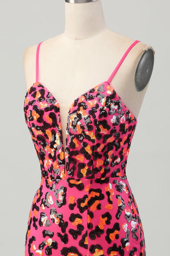 Fuchsia Bodycon Spaghetti Remmar Paljetter Homecoming Klänning med Slits