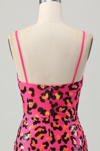 Fuchsia Bodycon Spaghetti Remmar Paljetter Homecoming Klänning med Slits