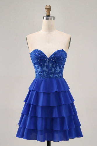 Axelbandslös A-linje Tiered Korsett Royal Blue Homecoming Klänning med Beading