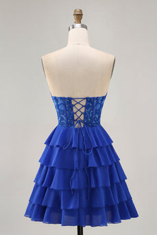 Axelbandslös A-linje Tiered Korsett Royal Blue Homecoming Klänning med Beading