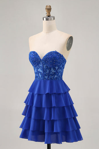 Axelbandslös A-linje Tiered Korsett Royal Blue Homecoming Klänning med Beading