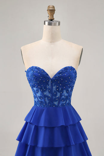 Axelbandslös A-linje Tiered Korsett Royal Blue Homecoming Klänning med Beading