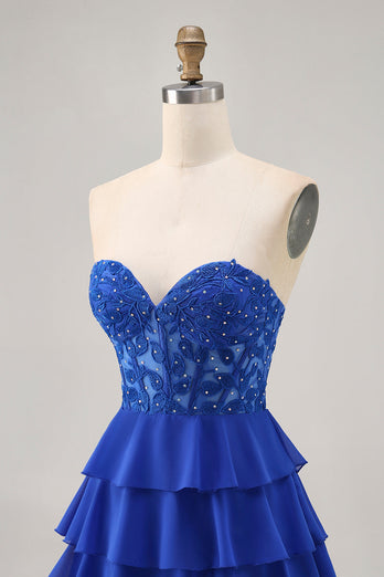 Axelbandslös A-linje Tiered Korsett Royal Blue Homecoming Klänning med Beading