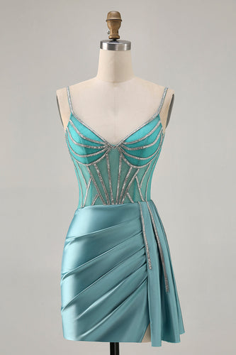 Glittrande grön Satin Bodycon pärlstav Kort Homecoming Klänning med Streamer