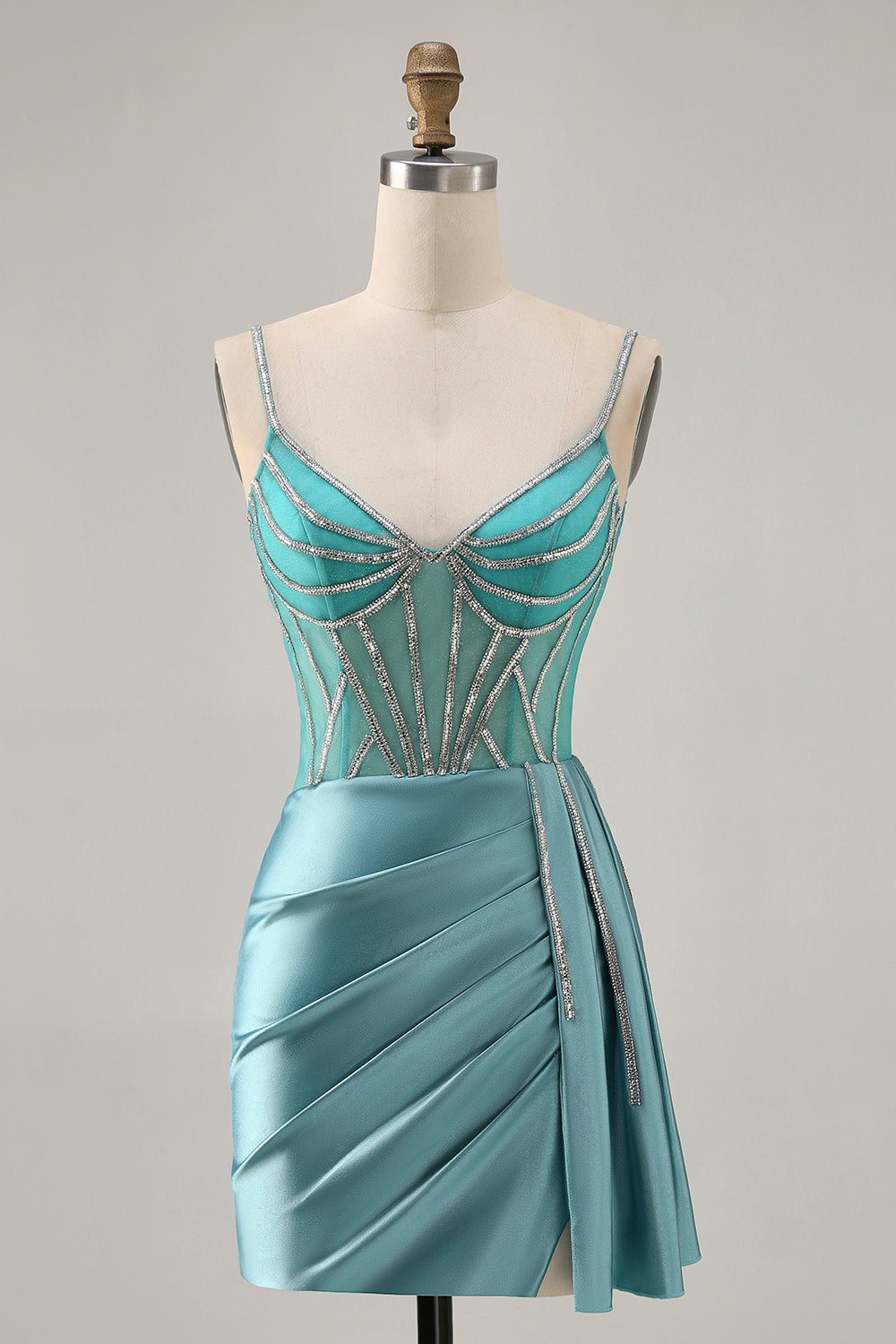 Glittrande grön Satin Bodycon pärlstav Kort Homecoming Klänning med Streamer