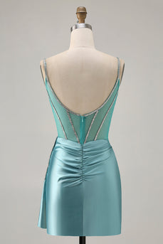 Glittrande grön Satin Bodycon pärlstav Kort Homecoming Klänning med Streamer