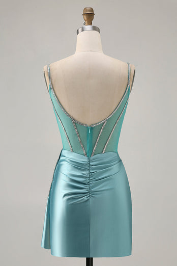 Glittrande grön Satin Bodycon pärlstav Kort Homecoming Klänning med Streamer