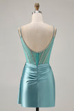 Glittrande grön Satin Bodycon pärlstav Kort Homecoming Klänning med Streamer