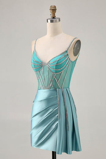 Glittrande grön Satin Bodycon pärlstav Kort Homecoming Klänning med Streamer