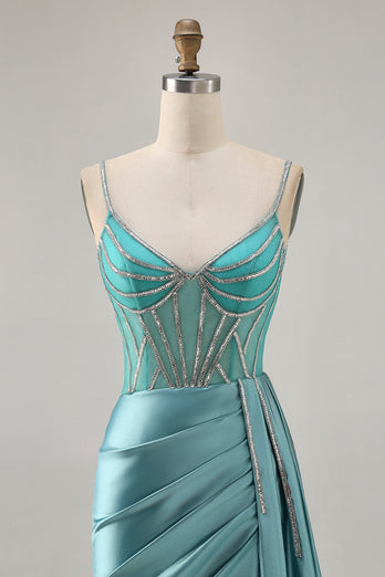 Glittrande grön Satin Bodycon pärlstav Kort Homecoming Klänning med Streamer