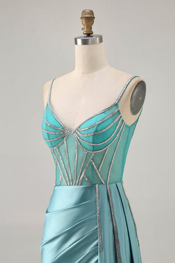 Glittrande grön Satin Bodycon pärlstav Kort Homecoming Klänning med Streamer