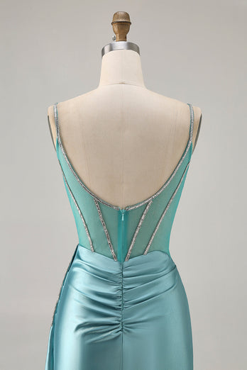 Glittrande grön Satin Bodycon pärlstav Kort Homecoming Klänning med Streamer