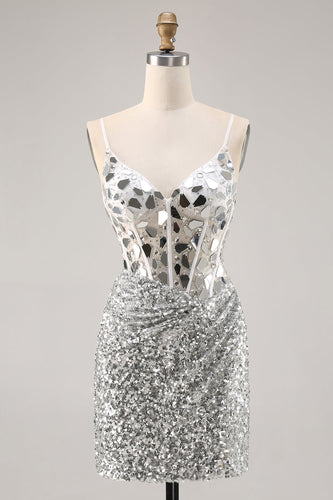 Korsett Silver V-hals Bodycon Spegel Homecoming Klänning