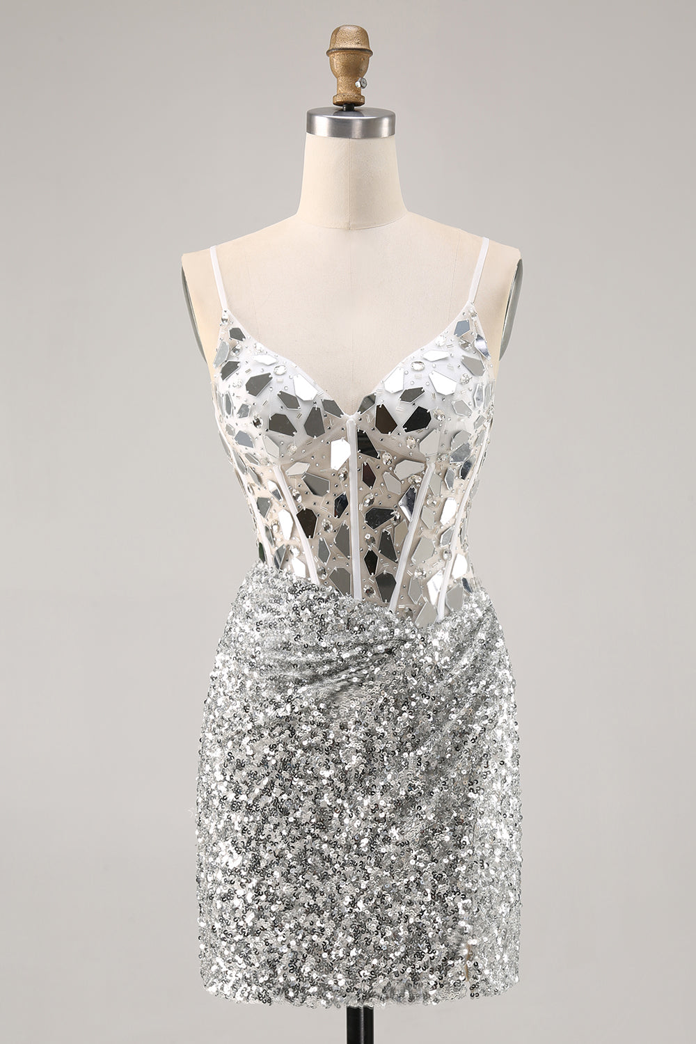 Korsett Silver V-hals Bodycon Spegel Homecoming Klänning