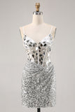 Korsett Silver V-hals Bodycon Spegel Homecoming Klänning