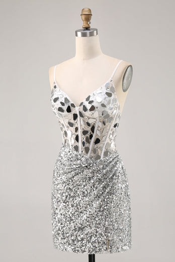 Korsett Silver V-hals Bodycon Spegel Homecoming Klänning