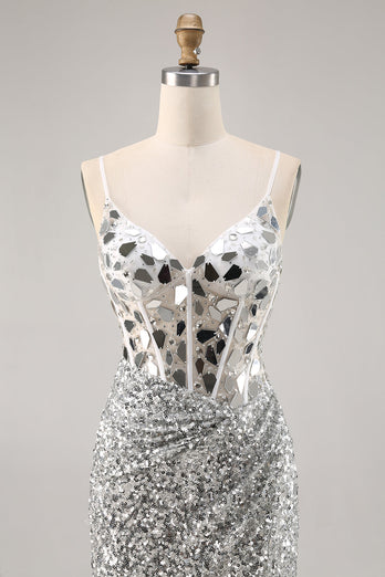 Korsett Silver V-hals Bodycon Spegel Homecoming Klänning