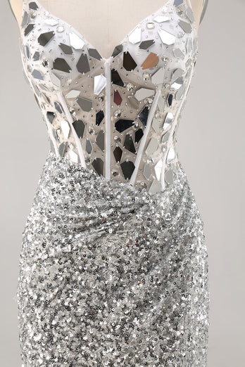 Korsett Silver V-hals Bodycon Spegel Homecoming Klänning