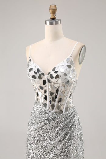 Korsett Silver V-hals Bodycon Spegel Homecoming Klänning