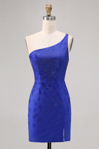 Royal Blue Bodycon Pärlstav One Shoulder Homecoming Klänning