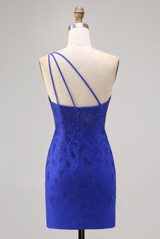 Royal Blue Bodycon Pärlstav One Shoulder Homecoming Klänning