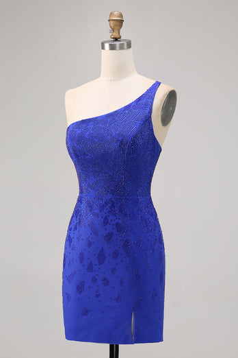 Royal Blue Bodycon Pärlstav One Shoulder Homecoming Klänning