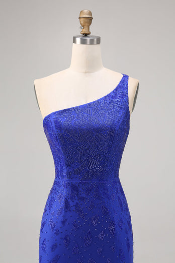 Royal Blue Bodycon Pärlstav One Shoulder Homecoming Klänning