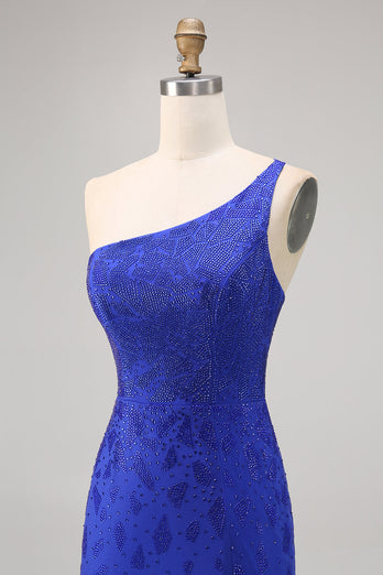 Royal Blue Bodycon Pärlstav One Shoulder Homecoming Klänning
