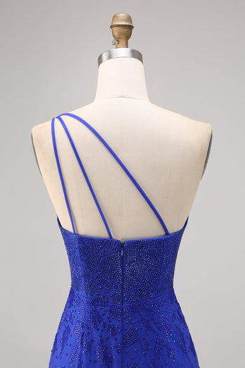 Royal Blue Bodycon Pärlstav One Shoulder Homecoming Klänning