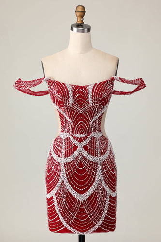 Off the Shoulder Bodycon Röd Homecoming Klänning med Paljetter