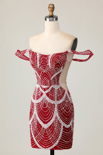 Off the Shoulder Bodycon Röd Homecoming Klänning med Paljetter