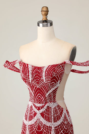 Off the Shoulder Bodycon Röd Homecoming Klänning med Paljetter