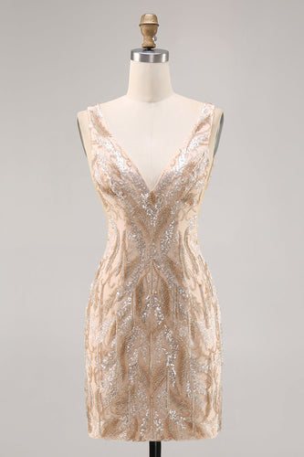 Pärlstav Champagne Bodycon Homecoming Klänning med Paljetter