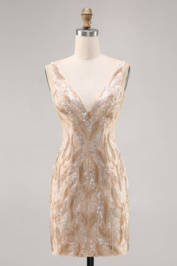 Pärlstav Champagne Bodycon Homecoming Klänning med Paljetter