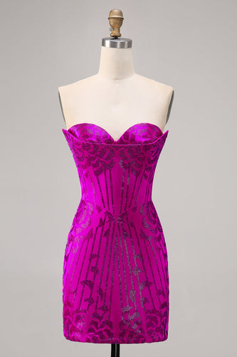 Axelbandslös Fuchsia Bodycon Pärlstav Homecoming Klänning