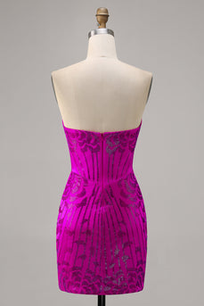 Axelbandslös Fuchsia Bodycon Pärlstav Homecoming Klänning