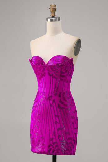 Axelbandslös Fuchsia Bodycon Pärlstav Homecoming Klänning