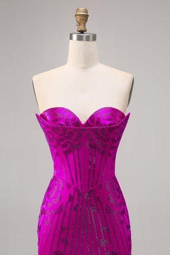 Axelbandslös Fuchsia Bodycon Pärlstav Homecoming Klänning