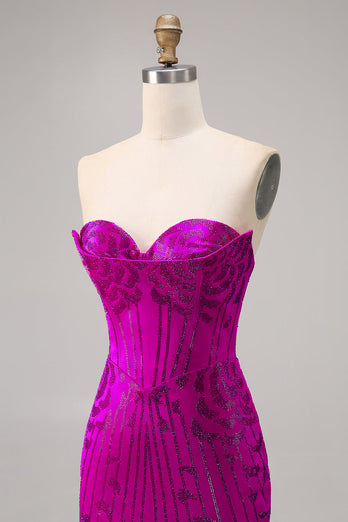 Axelbandslös Fuchsia Bodycon Pärlstav Homecoming Klänning