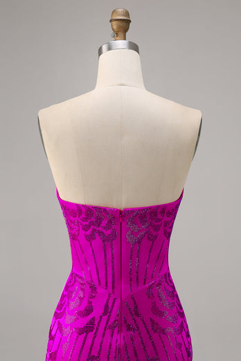 Axelbandslös Fuchsia Bodycon Pärlstav Homecoming Klänning