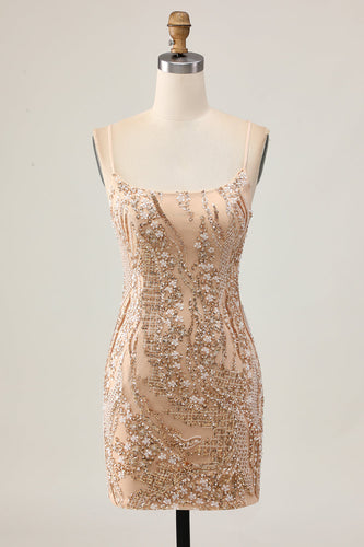 Glittrande Champagne Paljetter Bodycon Homecoming Klänning med Beading